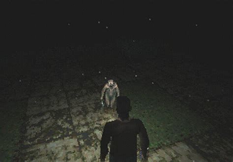 A screenshot from the video game Silent Hill. In the foreground we see Harry Mason, the protagonist, silhouetted by his flashlight. He is standing in a dark, snowy courtyard with old cement paths and patches of grass. In front of him is a small, child-like figure with a rough worksuit on, brightly glowing eyes, and a long knife in their right hand. 