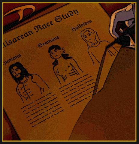 A close up of a page Asten is scribbling on. There is artwork of a human, seamans (seafolk) and Half-elves. The page is incomplete.