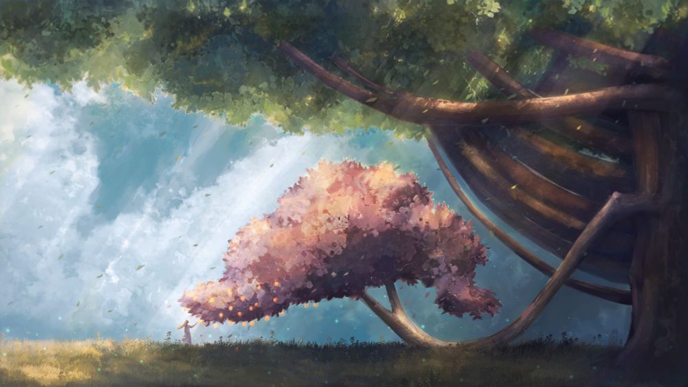 A digital painting of a tree with a lot of thick branches leading to a ceiling of leaves, with one peculiar branch being the focal point. It's a branch in the shape of a pink tree, the trunk laying on the ground, and it has glowing fruits growing on the left side of it. A girl with black skin and blonde hair is harvesting them, holding a basket.

The composition is a flat view of the side of the action, the focal point being the tree with its fruits and the girl. The color are soft and quite saturated, the light being a major focus, giving a warm yellow tone to the vegetation, god rays piercing the leaves.