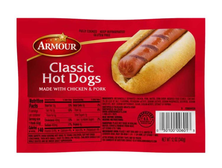 A package of Armour brand hot dogs