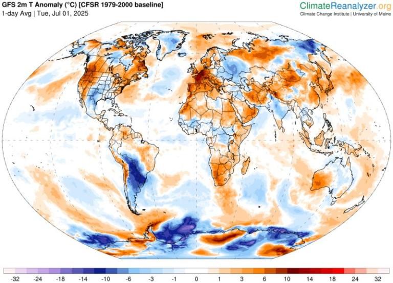 Global map showing 2 metre temperature anomalies of -10C over parts of South America and +10C over parts of Europe on 1 July from climatereanalyzer.org