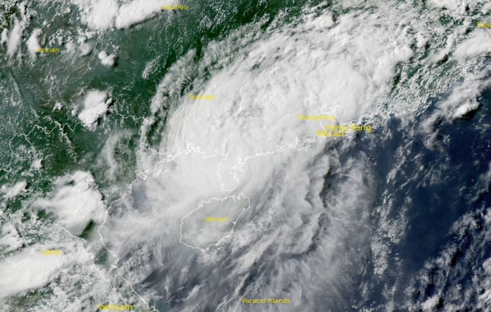 Severe Tropical Storm Wutip making landfall over Guangdong. Credit: GEO-KOMPSAT 2A, RAMMB/CIRA, The Watchers. Acquired at 08:30 UTC on June 14, 2025.