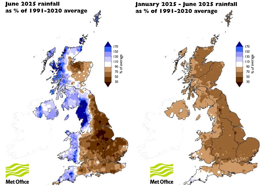 Rainfall in June 2025, wet in west, dry in east of UK