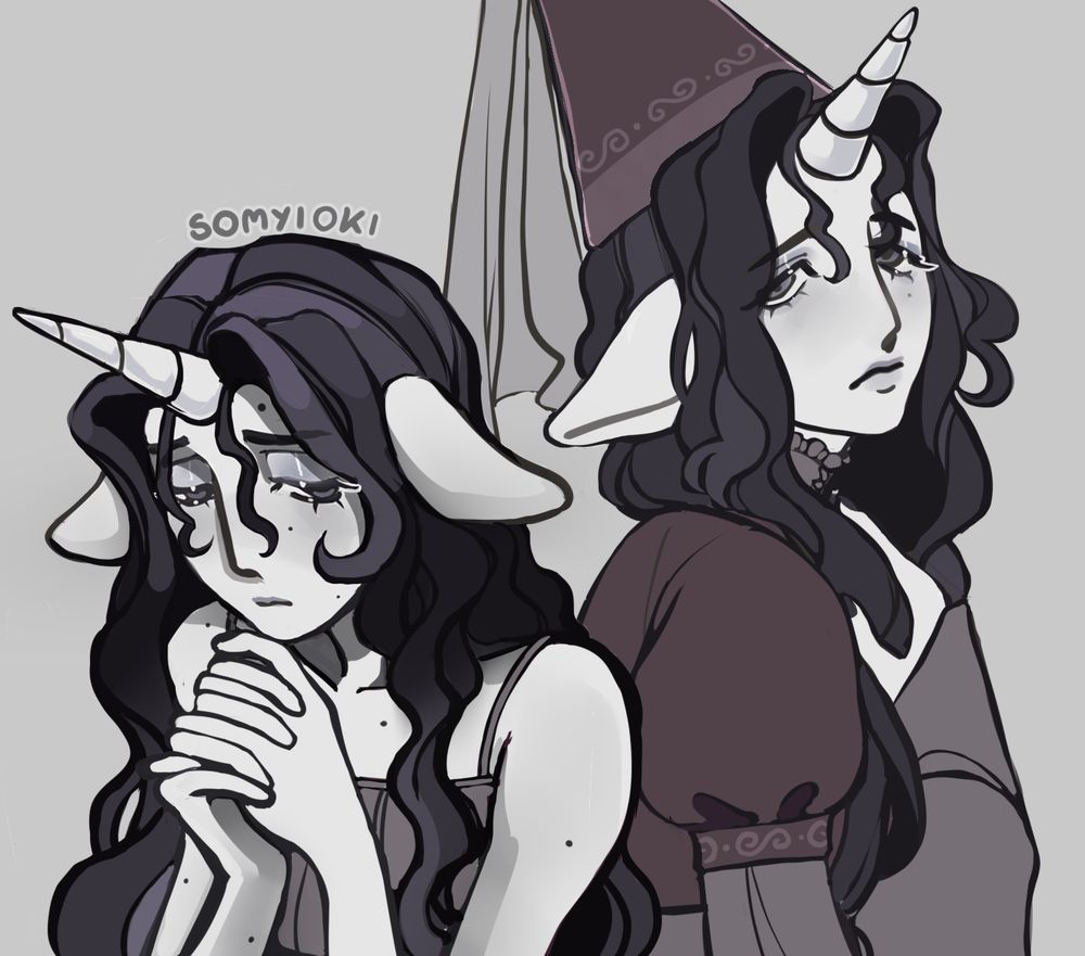 Two bust up drawings of a unicorn OC that belongs to @/g17gkk she had gorgous wavy dark hair, and a lot of moles on her face and body. She has gorgous melancholic eyes and as her creator said, she is never happy.  She wears gothic medival clothing, and is a pony oc!