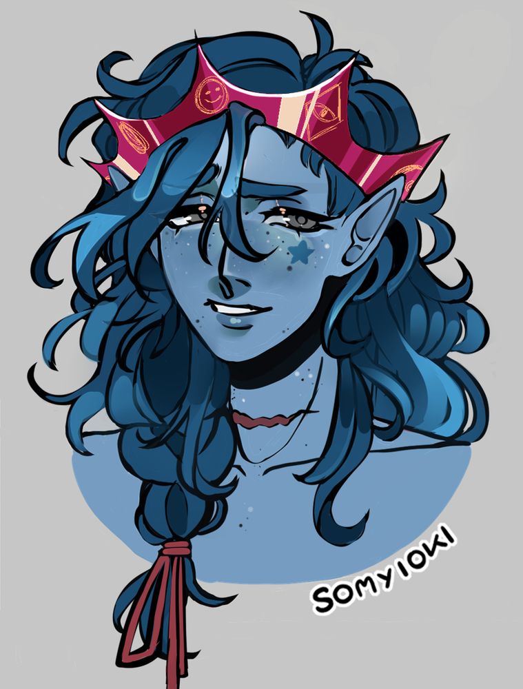 a simple bust up drawing of a blue prince with long blue hair a bit darker in shade. He has black and white freckles and a star on his cheek. He has an anxious and unsure smile on his face and is wearing a red crown with yellow symbols on it. He also has a scar on his neck. 