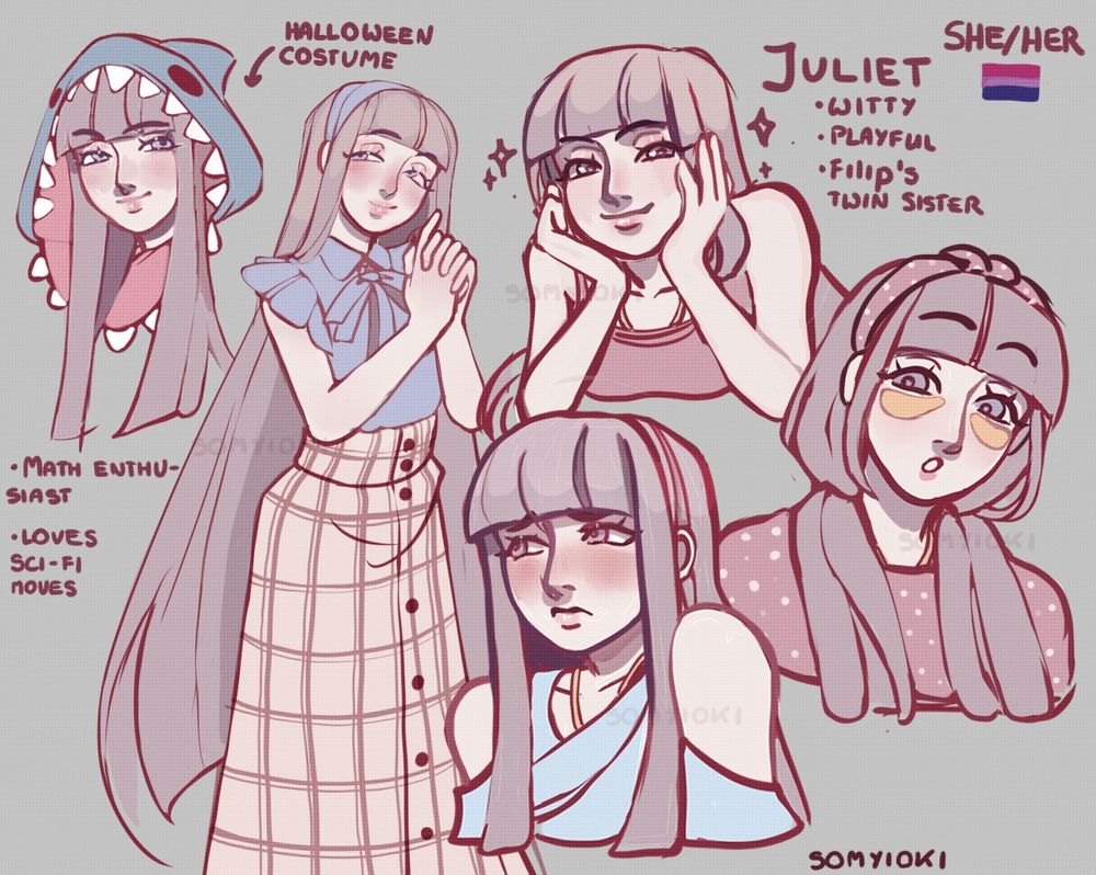 Character page of my OC Juliet, with different expressions and poses. It includes one knee up shot of her holding her hands together with a relaxed but playful smile, she is wearing a blueshirt with a bow and a long skirt with a pattern and buttons. Then on her left side there are three shoulder up shots of her 1. her leaning on her arms with a playful cheeky smile. 2. A surprise look of her in her pajamas with little eyebag masks and a headband. (she has her hair in two ponytails) 3. Of her looking flustered. There is also an additional doodle of her with a shark hoodie.