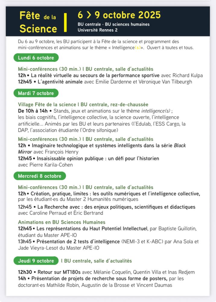 Programme de la Fête de la science à la BU Université Rennes 2. Du 6 au 9 octobre.Fond blanc texte noir et vert.
