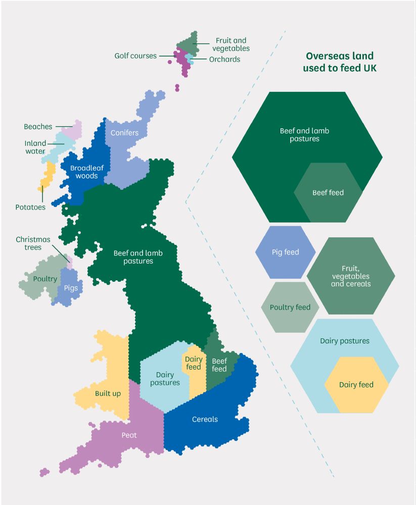 A map of the UK, subdivided into imaginary regions of size corresponding to the actual amount of land in the UK dedicated to various purposes (such as "Beef and lamb pastures, "Cereals", "Built up"). Additional hexagons to the side indicate the amount of overseas land also used to feed the UK.