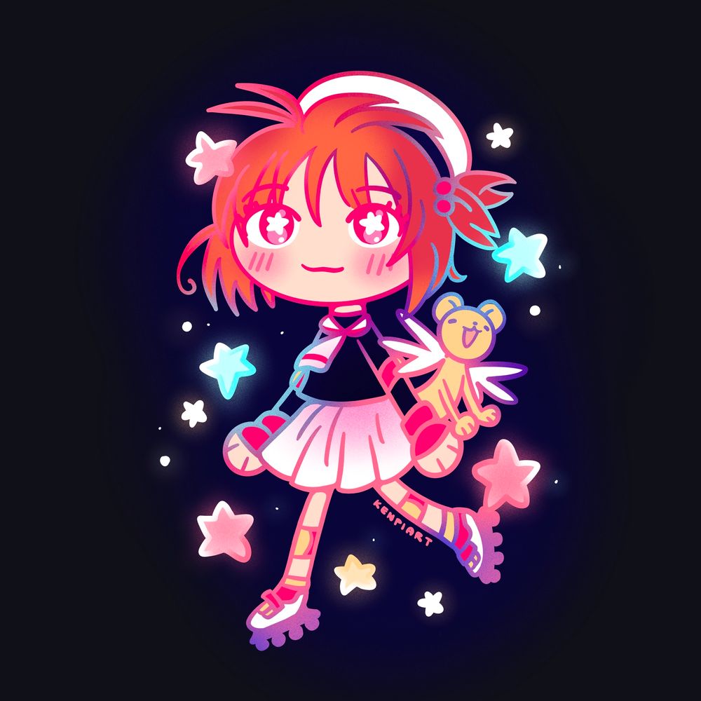 Sakura Kinomoto from Card Captor Sakura anime walking with Kero-chan wearing her school uniform and roller skates 