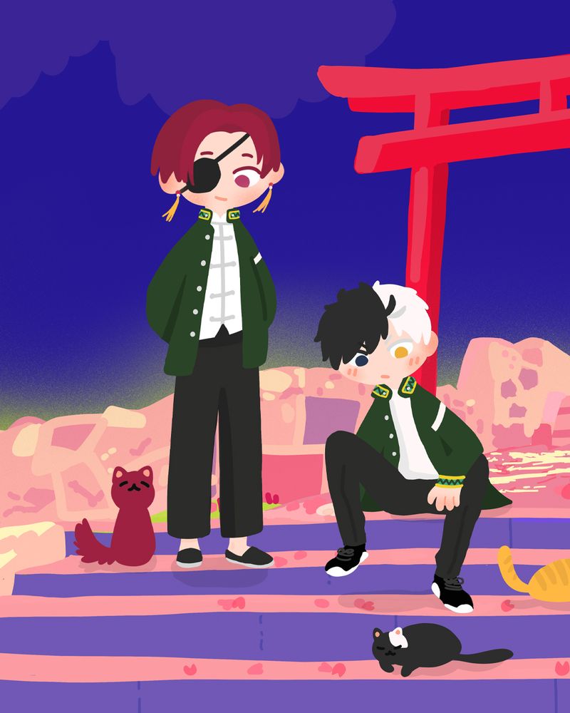 Suo, Sakura, and Nirei from Wind Breaker at a shrine surrounded by cherry blossoms and cats. Suo stands with his eyepatch and hands behind his back, Sakura squats near a black-and-white cat, and Nirei sits petting an orange tabby. Behind them, a bright red torii gate and a deep purple sky. The scene is peaceful with falling sakura petals.