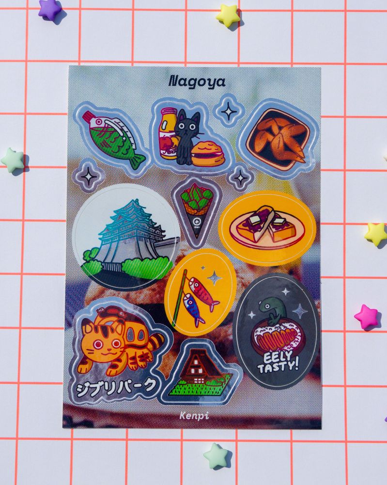 Sticker sheet with illustrations of food and iconic things in Nagoya