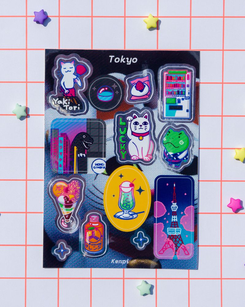 Sticker sheet with illustrations of food and iconic things in Tokyo