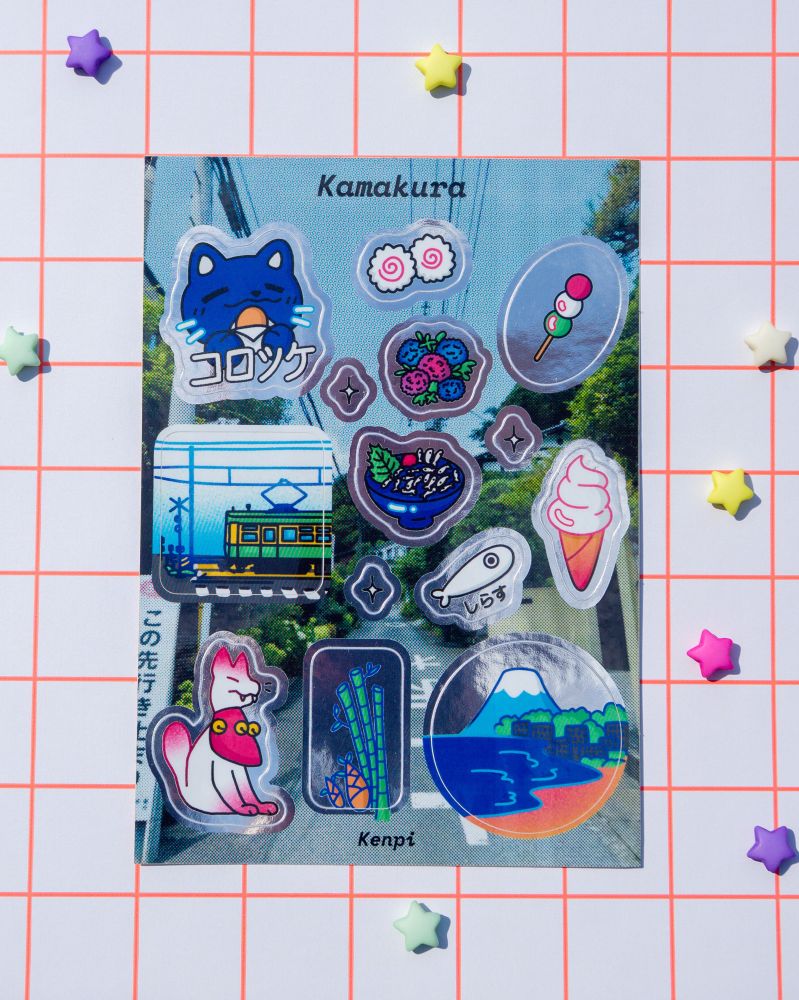Sticker sheet with illustrations of food and iconic things in Kamakura