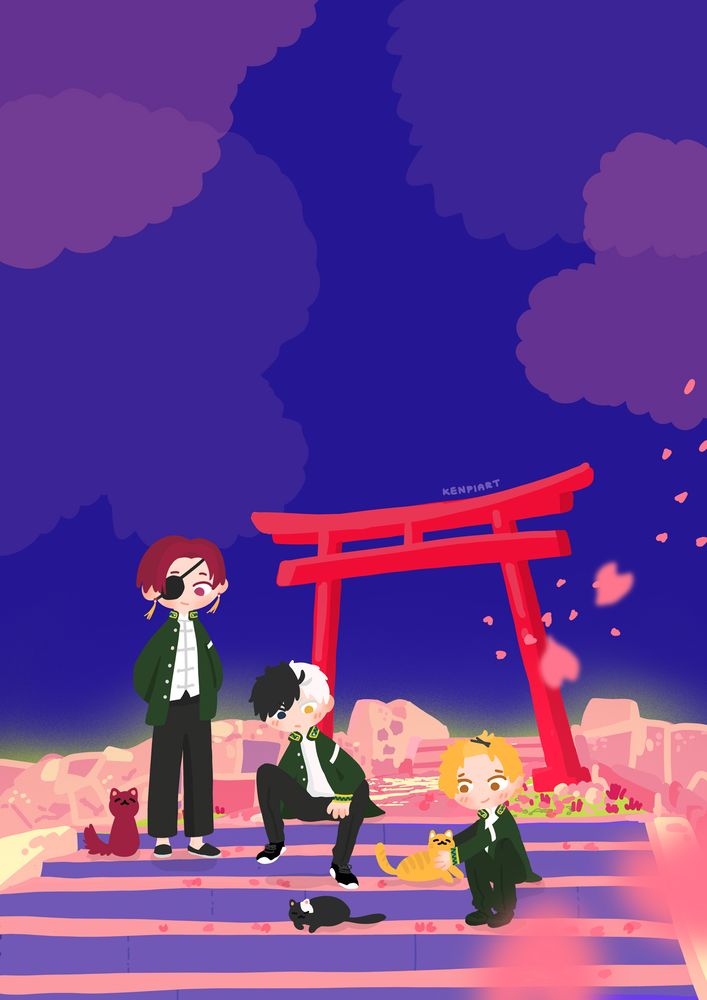Suo, Sakura, and Nirei from Wind Breaker relax at a shrine surrounded by cherry blossoms and cats. Suo stands with his eyepatch and hands behind his back, Sakura squats near a black-and-white cat, and Nirei sits petting an orange tabby. Behind them, a bright red torii gate glows against a deep purple sky with stylized clouds. The scene is peaceful and full of serenity with falling sakura petals.