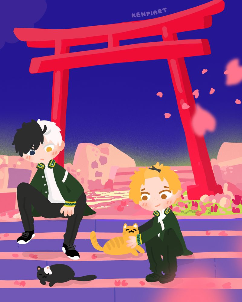 Suo, Sakura, and Nirei from Wind Breaker at a shrine surrounded by cherry blossoms and cats. Suo stands with his eyepatch and hands behind his back, Sakura squats near a black-and-white cat, and Nirei sits petting an orange tabby. Behind them, a bright red torii gate and a deep purple sky. The scene is peaceful with falling sakura petals.