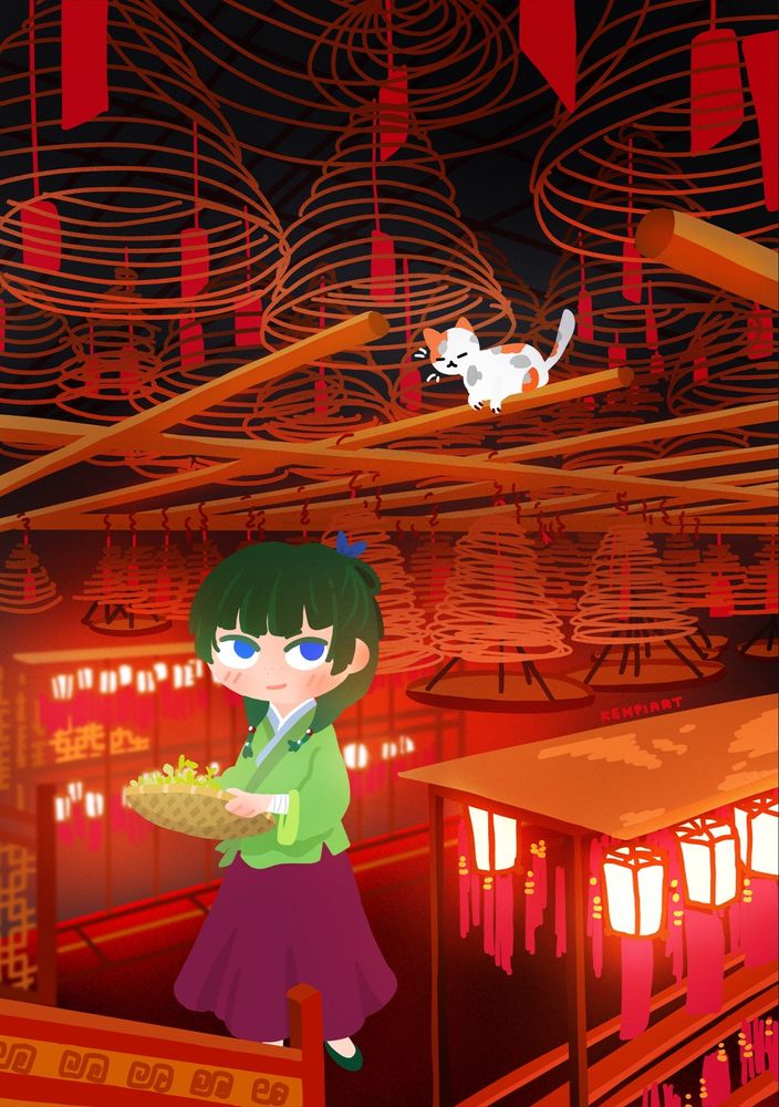 An illustration of Maomao from the Apothecary Diaries carrying herbs and looking up to a cat. The setting is a temple full of spiral incense and illuminated by lights.