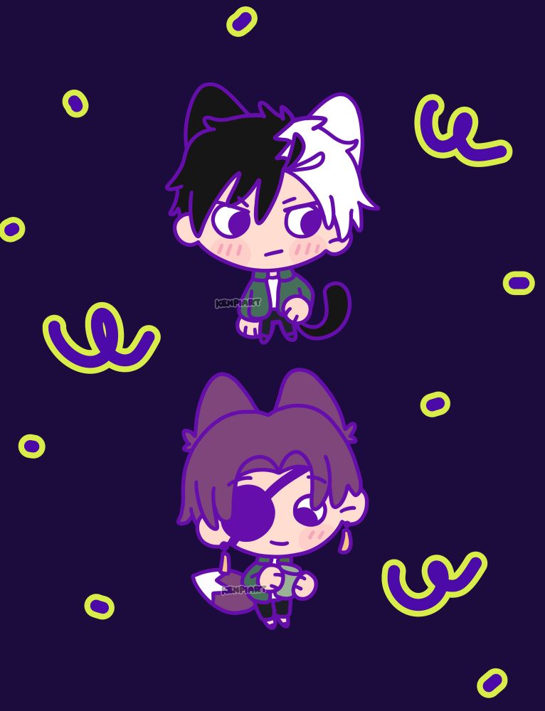 Sakura and Suo chibi illustrations from Windbreaker anime. Both wearing animal ears and tails. 
