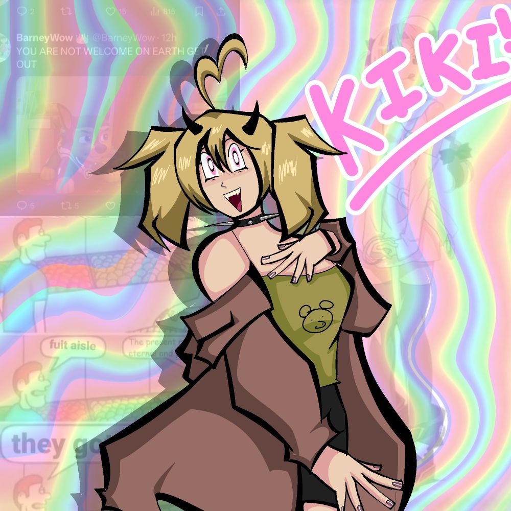 Friends OC named Kiki, she is a blonde haired mid twenty's woman wearing a tank top with a large brown coat past her shoulders. 