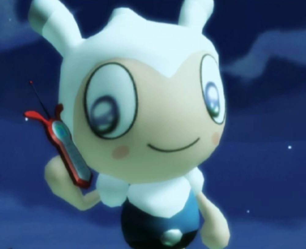 scooter from ribbit king on the cell phone. some kind of. chibi animal crossing like man.