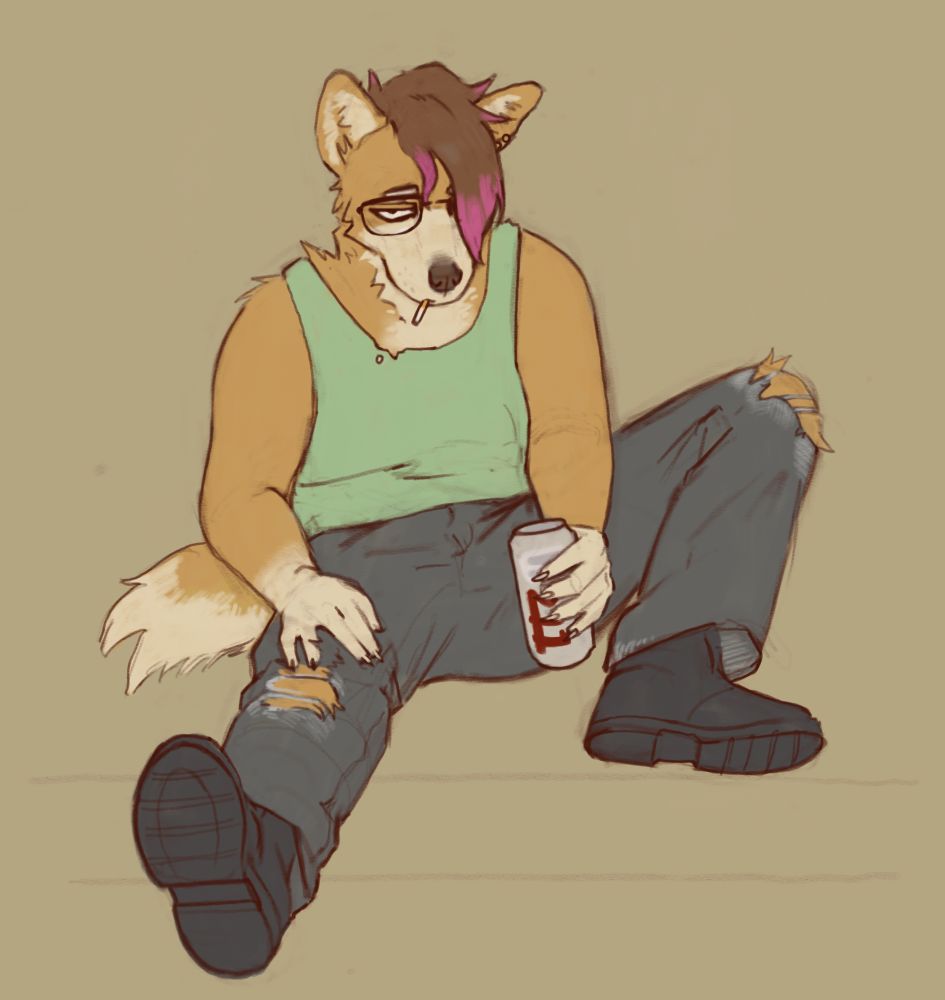 My fursona, an androgynous Shiba with long grown out pink-edged bangs, reclines while sitting on the ground in a ratty pale green sleeveless and black jeans with torn knees, drinking a 211 & smoking a cigarette. Their visible eye peers out sullenly 