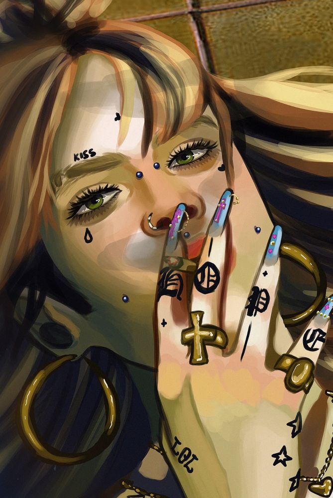 calico hair girl with tattoos digital art close up