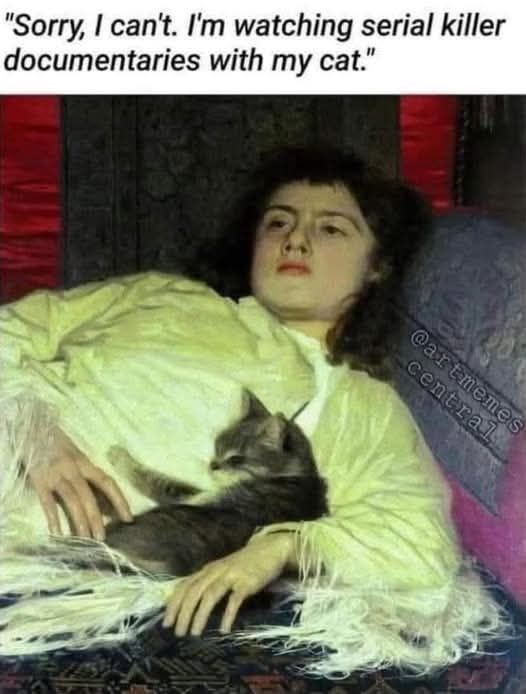 Das Bild zeigt ein klassisches Gemälde einer Frau, die im Bett liegt und ernst oder gelangweilt schaut. Auf ihrem Schoß schläft eine Katze. Darüber steht der Text: „Sorry, I can’t. I’m watching serial killer documentaries with my cat."