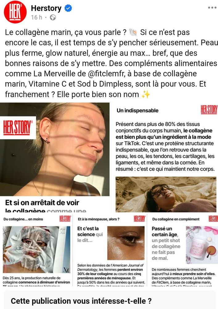 Capture d'écran d'une publication du média Herstory, qui promeut le collagène marin, comme des compléments alimentaires indispensables pour les femmes de +25 ans.