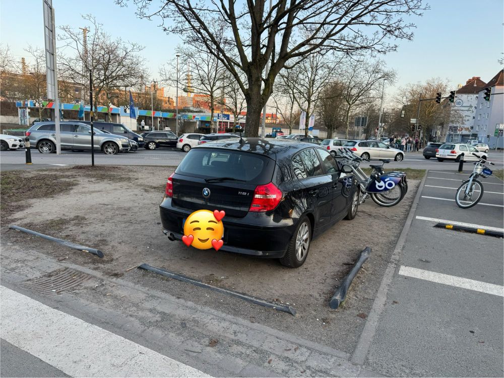 Foto. Ein schwarzer Pkw wurde auf einer Baumscheibe geparkt. Ringsum die Fläche sind abgenutzte Bügel im Boden, die ein befahren verhindern sollen. Rechts noch halb im Bild ist ein leere Parkplatz zu sehen