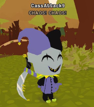 A screenshot of a low-poly Deltarune Jevil modded into the game Webfishing. Its Devilsknife is stuck to its back, and it's smiling with its eyes closed. Its title says "CHAOS! CHAOS!"