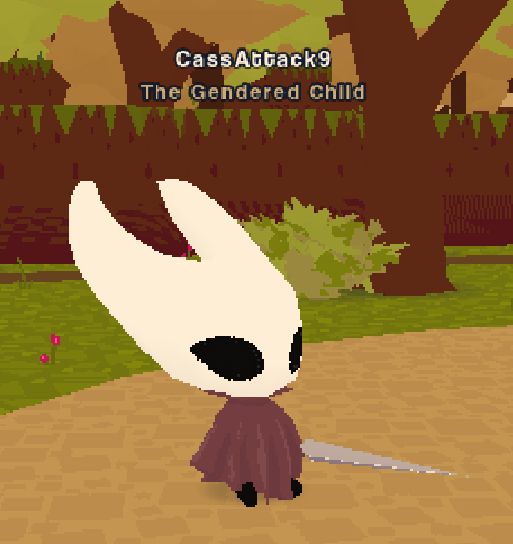 Hornet from Hollow Knight in the game Webfishing. She is sitting on the dirt and holding her trusty weapon needle in her left hand. The Title above her head is "The Gendered Child", a reference to the way she is mentioned in Hollow Knight. 