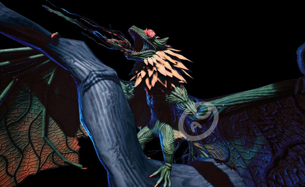 A bat-like creature made of dark vines, flower petals and rose-thorns. Its eyes are flowers, and its tongue is a tangle of thorny vines. Its wings are large, covered in leaf-vein patterns, and edged in orange. The petals that make up its mane are also orange, and the thorns (including claws) are tipped in orange as well. 

It is standing on a large branch, one wing-claw looped around it, and is roaring. The lighting fairly bright, with a blue rim-light on the left side. It has a transparent background. 