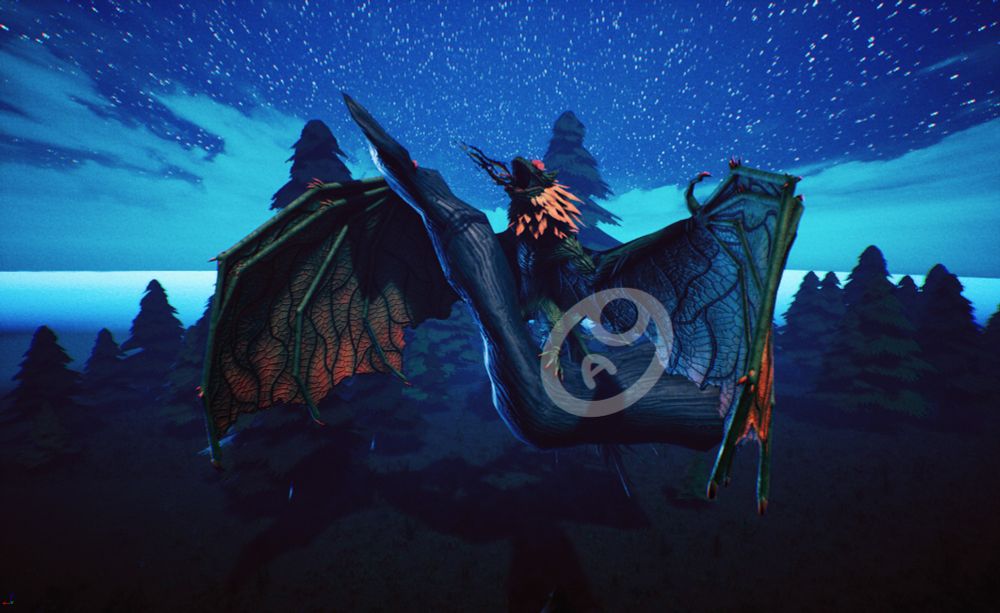 A bat-like creature made of dark vines, flower petals and rose-thorns. Its eyes are flowers, and its tongue is a tangle of thorny vines. Its wings are large, covered in leaf-vein patterns, and edged in orange. The petals that make up its mane are also orange, and the thorns (including claws) are tipped in orange as well. 

It is standing on a large branch, one wing-claw looped around it, and is roaring. The lighting is similar to a bright night. Behind it is a tiny forest and a starry sky. 