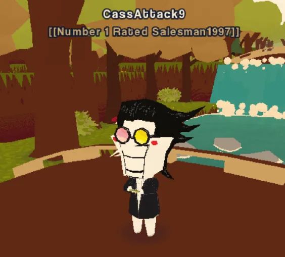 A screenshot of Spamton from Deltarune in the game Webfishing. He is holding a very small fish. The title above him says, "[[Number 1 Rated Salesman1997]]". 