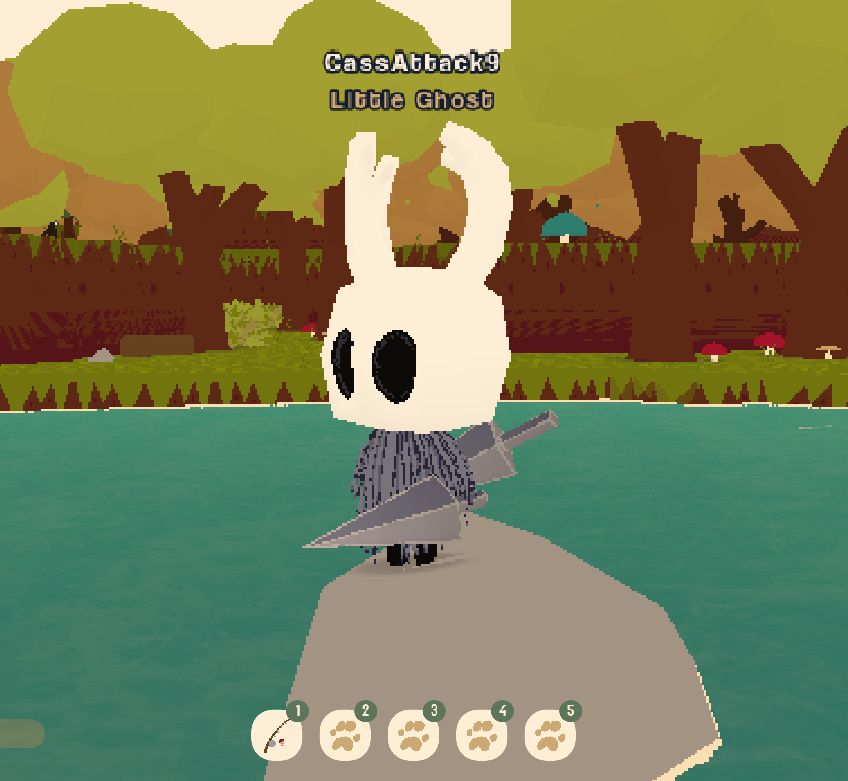 A screenshot of the main character from the game Hollow Knight modded into the game Webfishing. He is holding a Sharpened Nail (sword), and another is on his back. 
