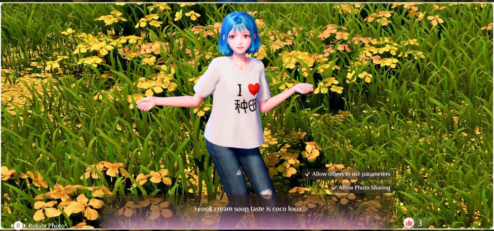 infinity nikki with blue hair and white t-shirt. the caption is the i-dle lyric "i cook cream soup taste is coco loco"