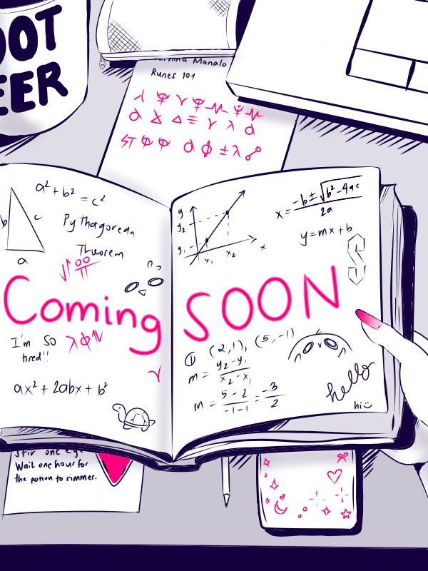 artistic rendition of an individual's desk with various items
main object is an open notebook with the words 'COMING SOON' in pink