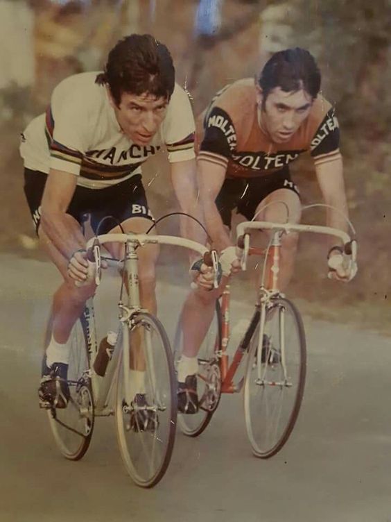 Franceso Moser and Eddy Mercxk racing in a distorted image that makes their bikes look tiny.
