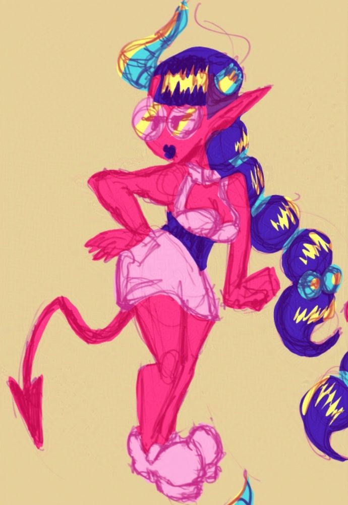a colored sketch of my demon girl OC, Heartbreaker. She's got vibrant neon pink skin, long purple hair, and big blue horns. She's got one hand on her hip as she looks off to the side at something, almost annoyed.