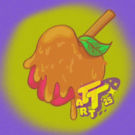 The animated print design for this month! It's the same apple as depicted on the sticker design. However this apple looks much friendlier and more typical of a caramel apple. Perfectly innocent.