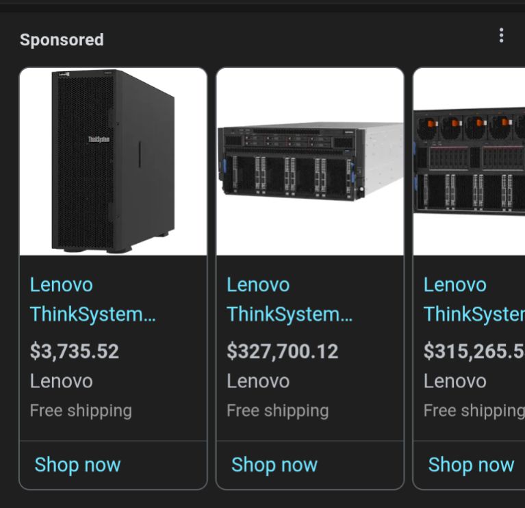 Sponsored search results with the second and third computers priced over $300,000
