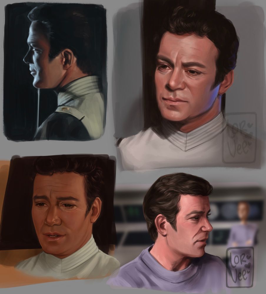 four digital portraits of james t kirk pulled from screenshots of star trek the motion picture. You can see Jim being upset or sad in most of them.
