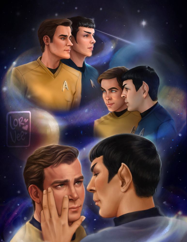 Digital drawing: The background is space, with stars and two planets, one yellow and one blue. There are three pairs of Spocks and Jim Kirks depicted. On the bottom, Spock and Jim from the original series are looking at each other softly. Spock  has his hand on Jim's face, performing a meld. Jim has his eyes open, and he is softly looking at Spock. In the middle, Jim and Spock from the 2009 movies (AOS) are looking to the left, looking happy and determined, their faces illuminated by a soft glow surrounding them. Finally, on the top right, Jim and Spock from Strange New Worlds looking to the right, not as intimate as the other two, but looking amused.