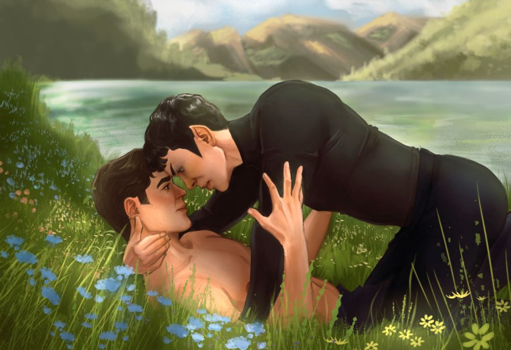 SNW Jim and Spock lying on a green field. Jim is shirtless, Spock is in black, leaning over him and holding his head while looking directly into his eyes. 