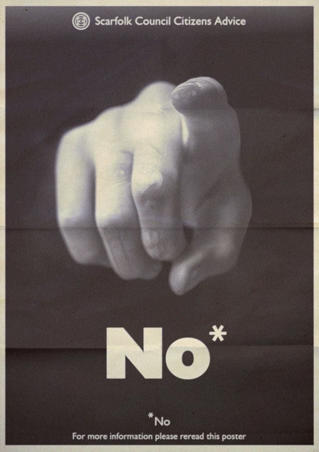 Poster of a pointing finger and the word “No” 
