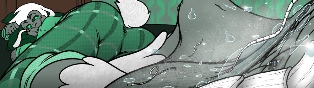 Trip shrunken down to extremely small scale at Seven's feet at in a two monitor spread image. Abundant sweat particles, stray hairs, and steam visible.