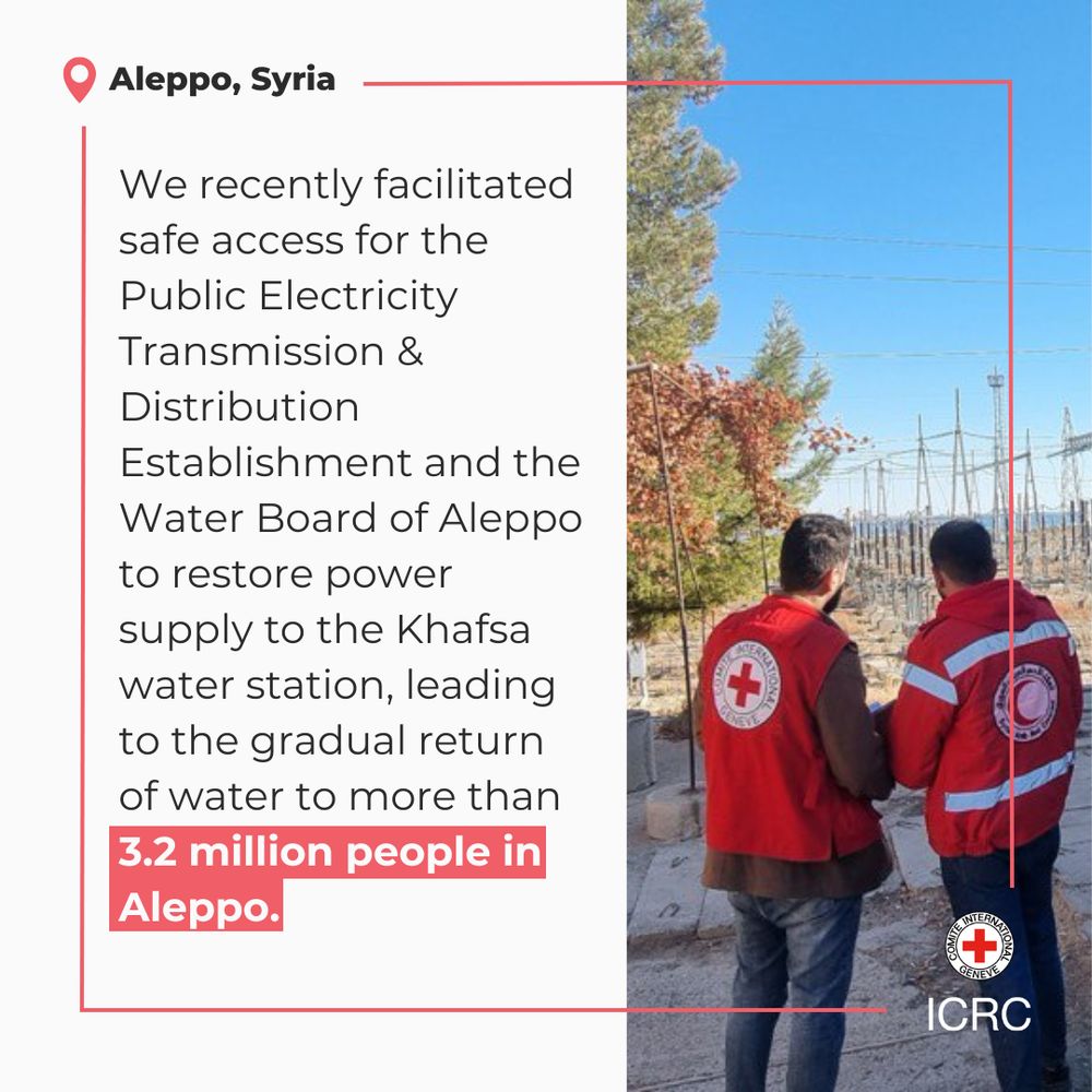 We recently facilitated safe access for the Public Electricity Transmission & Distribution Establishment and the Water Board of Aleppo to restore power supply to the Khafsa water station, leading to the gradual return of water to more than 3.2 million people in Aleppo.