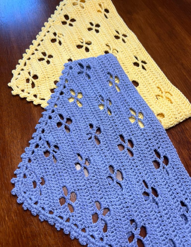 Blue and yellow floral crochet bandanas (2) with picot edging 