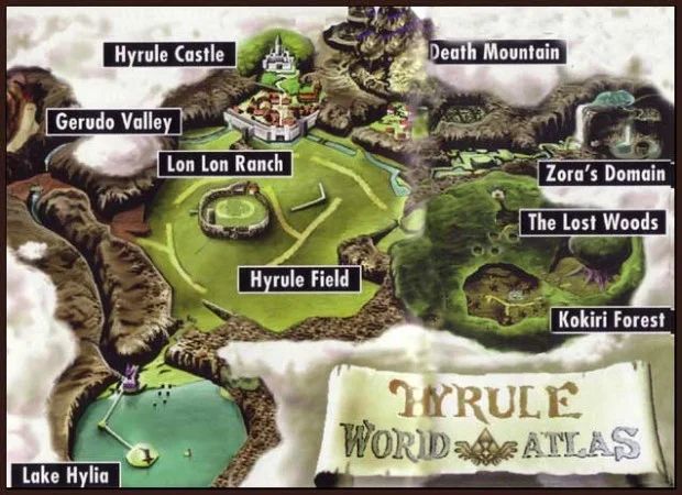 the kingdom of hyrule game map from the the game Legend of Zelda: Ocarina of Time showing lakes, a forest, desert and a castle town with a large green field in the middle. 