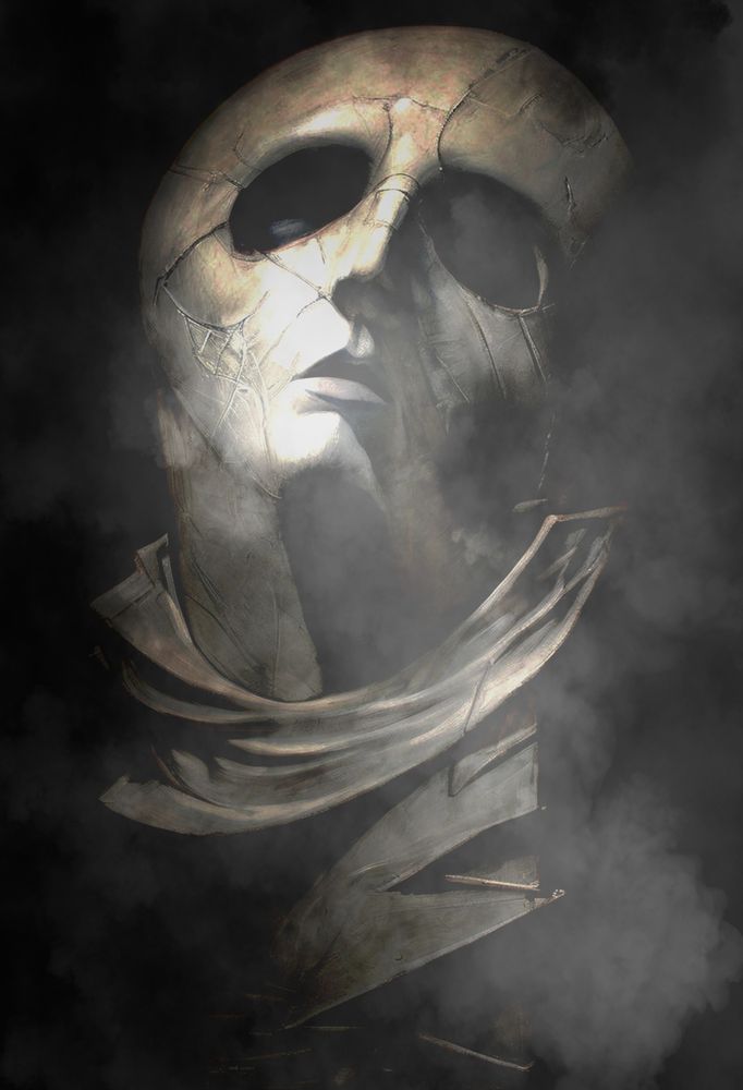 A cracked, ancient mask emerges from a shroud of mist, evoking a sense of mystery and antiquity. The lighting highlights the worn and fractured surfaces, adding depth and a haunting atmosphere.
