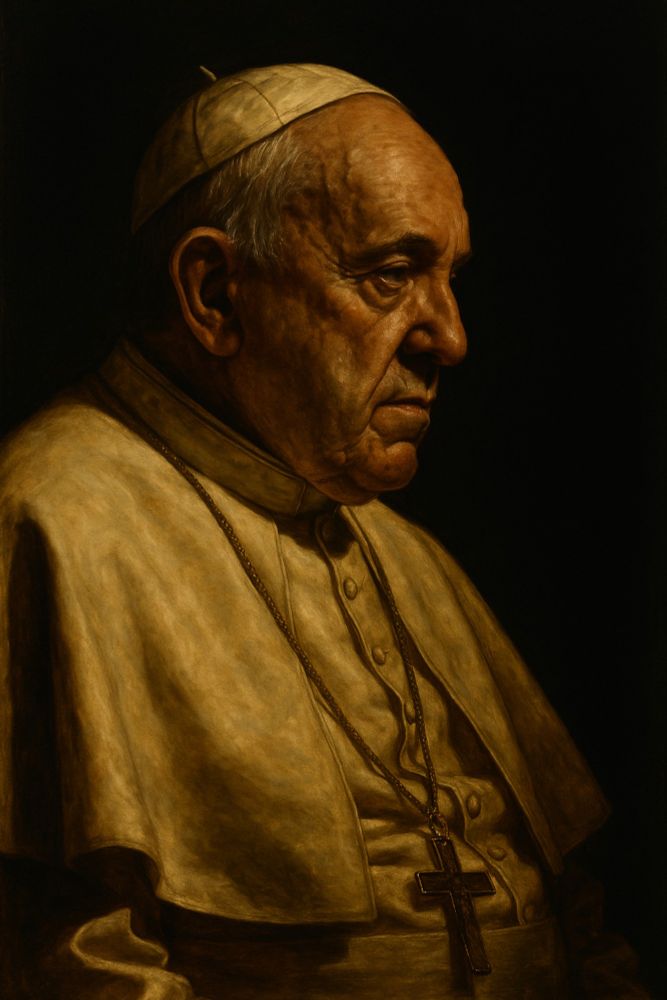 Pope Francis is portrayed in traditional Papal garments, exuding a sense of wisdom and contemplation. The use of light and shadow highlights the detailed features and expression, enhancing his contemplative mood.